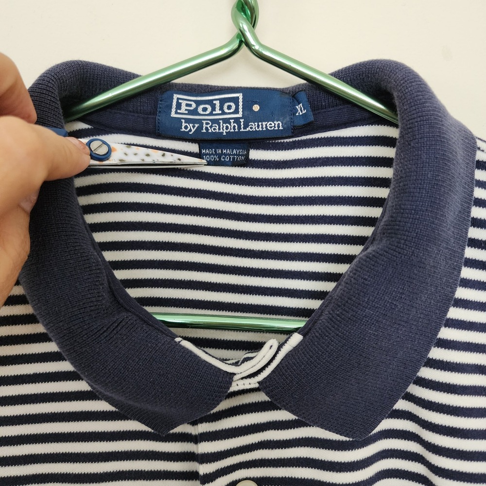 Polo Ralph Lauren Mens XL Navy Blue White Striped Short Sleeve Polo Shirt Cotton - Picture 2 of 6